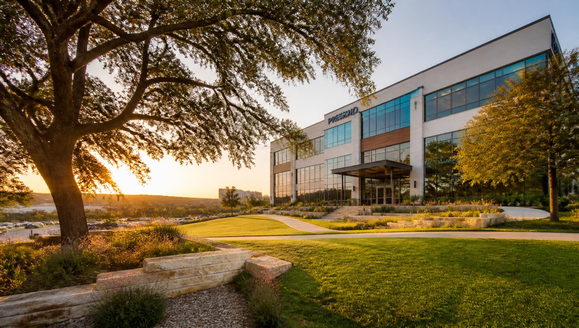 Landscaped commercial office campus in Austin at golden hour